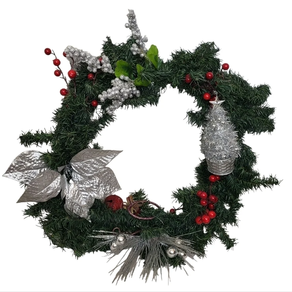 Handmade Christmas Wreath Silver Poinsettia & Red Berries Holiday Decor